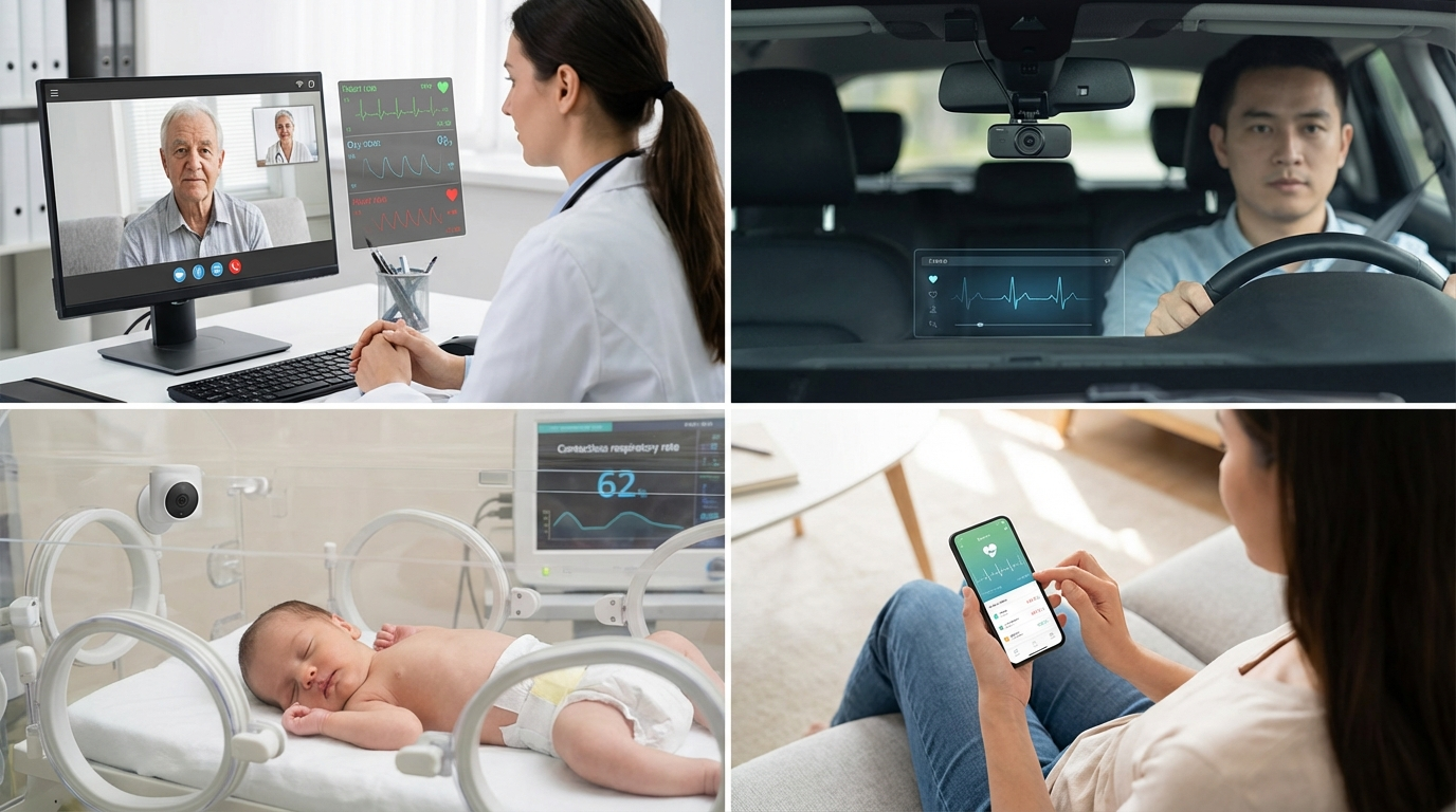 rPPG use cases: telehealth, driver monitoring, neonatal care, and smartphone health checks